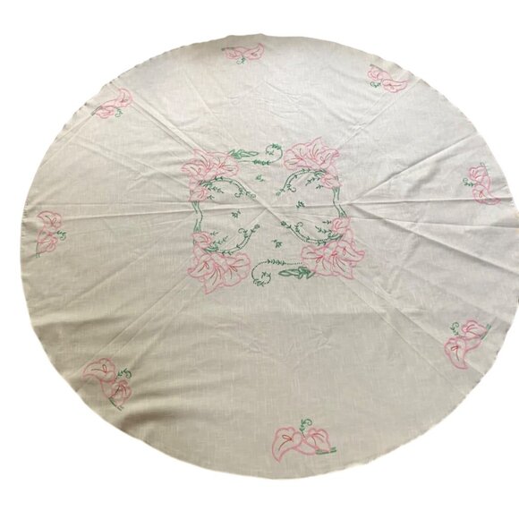 Vintage Floral Embroidered Round Tablecloth - 68" Diameter - Cotton & Linen Blen - Picture 1 of 9